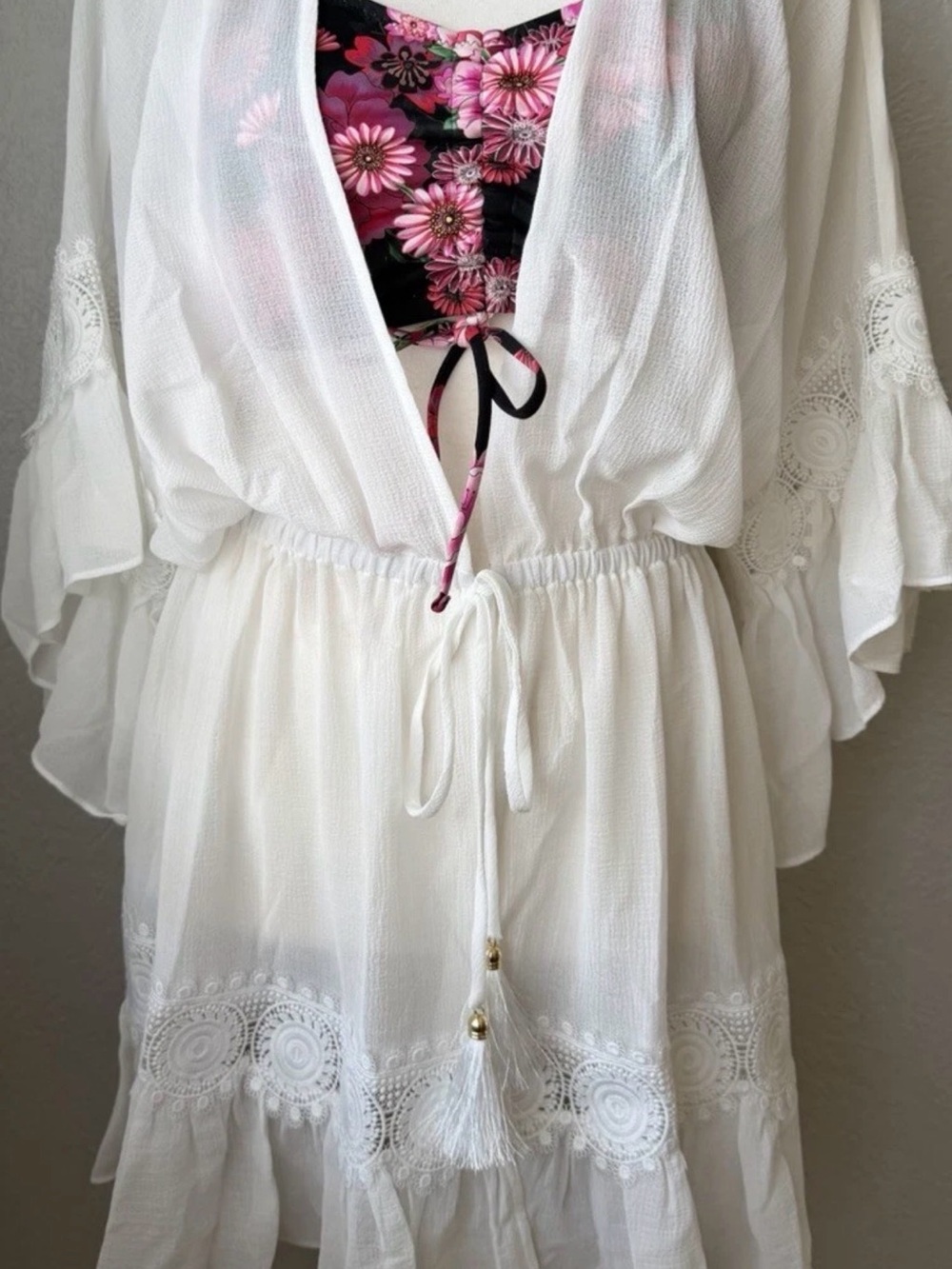 NWT Ramy Brook White Lace-Trim Beach Cover-Up with Drawstring Waist Medium